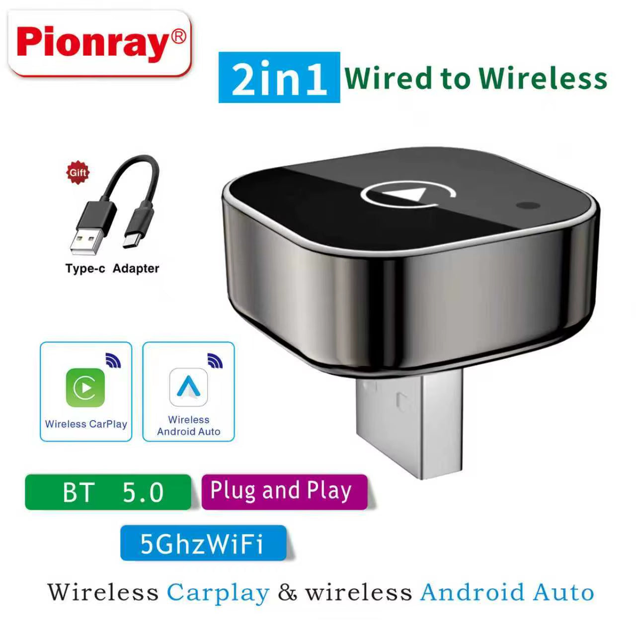 2 in 1 Wireless Carplay Adapter, Converts Wired to Wireless Carplay Adapter for Iphone, Wireless Control Plug & Play Carplay
