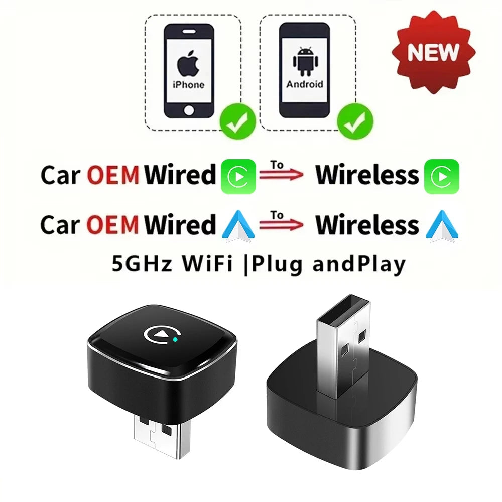 2In1 Wired to Wireless Carplay Android Auto Adapter for OEM Car Stereo with USB Plug and Play