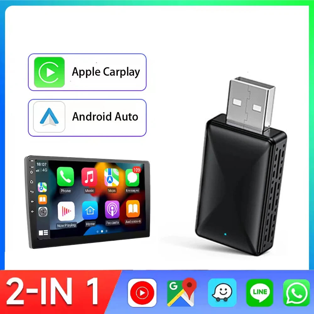 2In1 Wired to Wireless Carplay Android Auto Adapter for OEM Car Stereo with USB Plug and Play