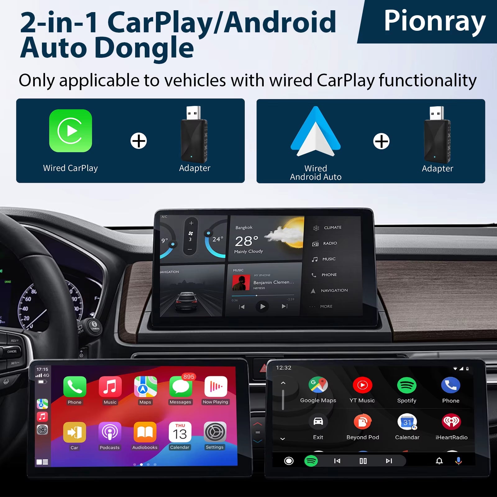 2 in 1 Wireless Carplay Adapter, Converts Wired to Wireless Carplay Adapter for Iphone, Wireless Control Plug & Play Carplay